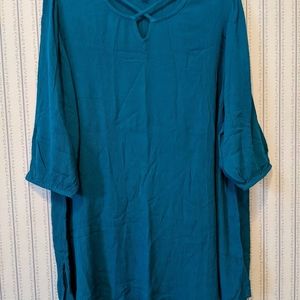 Woman Within 14/16 M Blue Green Cold Shoulder Top